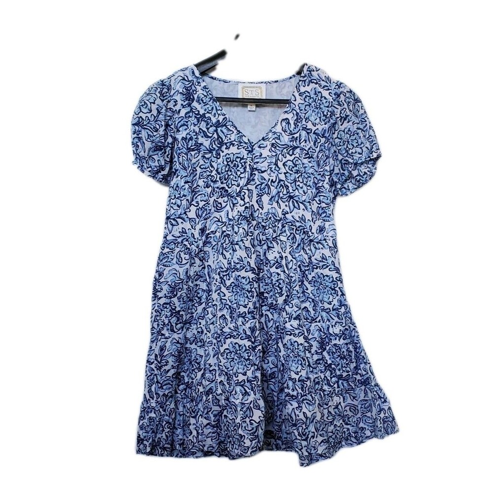Sail to Sable Floral Print Blue White Short Sleeve Mini Dress Cotton Med Summer